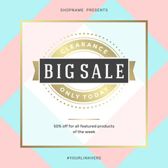 Sale banner template design with gold frame and big sale message vector illustration