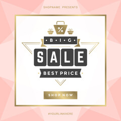 Sale banner template design with gold frame and big sale message vector illustration