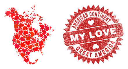 Vector collage North America v2 map of love heart items and grunge My Love stamp. Mosaic geographic North America v2 map designed with love hearts.