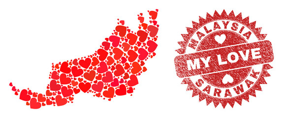 Vector collage Sarawak State map of love heart elements and grunge My Love seal. Collage geographic Sarawak State map created with love hearts.