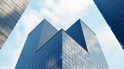 Fototapeta na wymiar 3d Render. perspective, the skyscraper is directed to the sky. blue gradient,