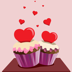 Chocolate cupcakes with hearts, for Valentine's Day. Vector illustration in a flat style.