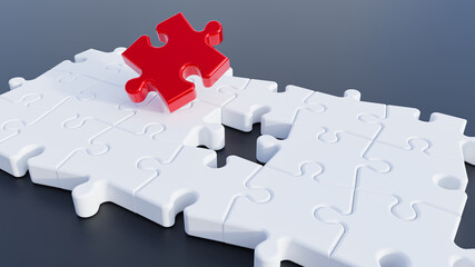 3D illustration. Puzzle pieces.  Red jigsaw piece. 3D Rendering