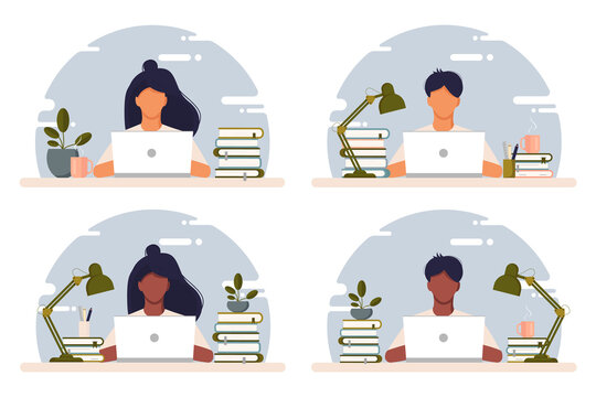 Home office concept, man and woman working from home, student or freelancer. Set of stock illustrations in flat style. Girl with laptop. 