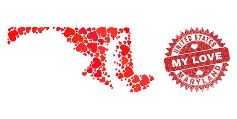 Vector mosaic Maryland State map of valentine heart items and grunge My Love badge. Mosaic geographic Maryland State map designed with love hearts.