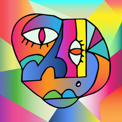 Abstract design of surreal face portrait. Hand drawn face with a hint of cubism in funky colors. Concept art can be used for fashion, beauty treatment, health, and mental wellbeing.