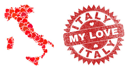 Vector mosaic Italy map of love heart items and grunge My Love seal stamp. Mosaic geographic Italy map designed using love hearts. Red rosette stamp with unclean rubber texture and my love word.