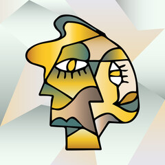 Abstract design of surreal face portrait. Hand drawn face with a hint of cubism in funky colors. Concept art can be used for fashion, beauty treatment, health, and mental wellbeing.