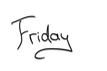 Friday, text, hand written, black on transparent background.