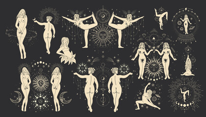 Vintage vintage engraving style. Abstract woman silhouette. Spiritual origin of the universe of magic and space, phases of the moon