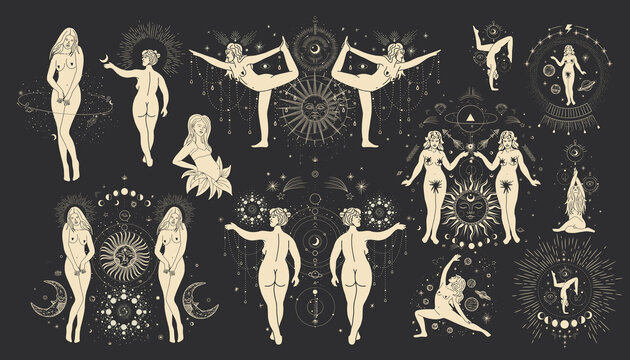 Vintage vintage engraving style. Abstract woman silhouette. Spiritual origin of the universe of magic and space, phases of the moon