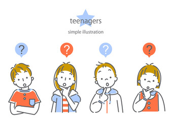 シンプルでおしゃれな線画の10代の子供たち4人の表情別イラスト素材セット　考える　疑問