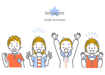 シンプルでおしゃれな線画の10代の子供たち4人の表情別イラスト素材セット　大喜び