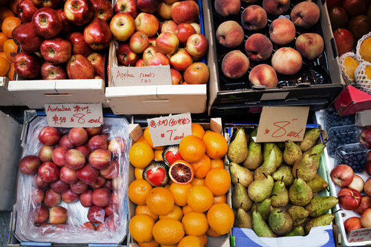 Overhead view of fruits displayed at market stall
