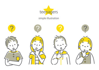 シンプルでおしゃれな線画の10代の子供たち4人の表情別イラスト素材セット　考える　疑問