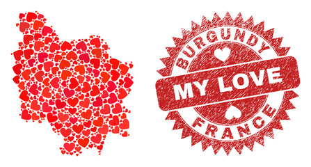 Vector collage Burgundy Province map of lovely heart elements and grunge My Love stamp. Collage geographic Burgundy Province map designed with valentine hearts.