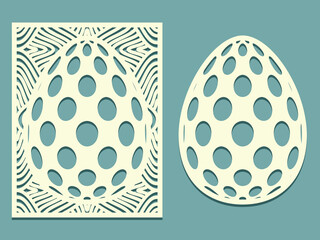 Set of Tracery Eggs with polka dot pattern. Laser cutting oval and rectangle card template. Happy Easter egg with floral pattern. Silhouette of elements.