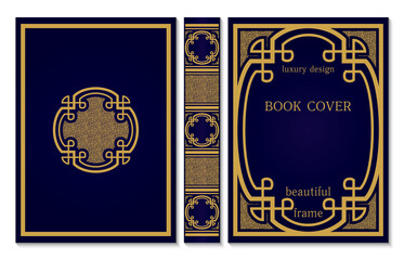 Vintage book cover and spine. Sample layout. Design template. Gold Decorative retro frame or border. Decoration for a certificate, diploma, or book page.