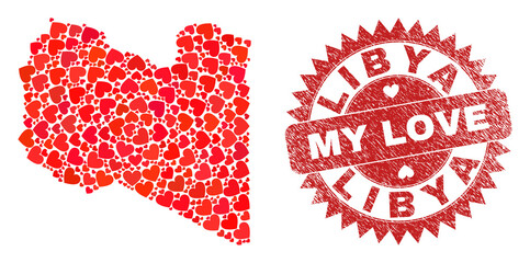 Vector collage Libya map of lovely heart items and grunge My Love seal stamp. Collage geographic Libya map constructed using lovely hearts.