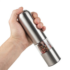 Hand holding modern silver pepper grinder