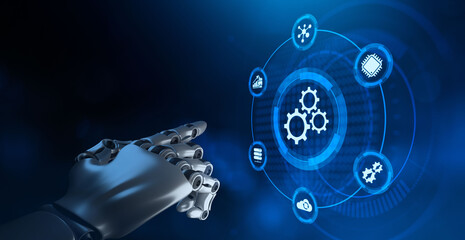 Automation robotic process RPA business technology concept. Robotic arm 3d rendering.