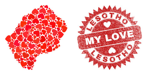 Vector collage Lesotho map of valentine heart items and grunge My Love seal stamp. Collage geographic Lesotho map designed with valentine hearts.
