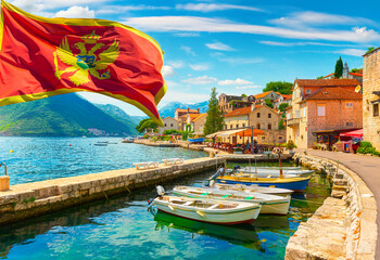 Fototapeta na wymiar Flag and city Perast Montenegro