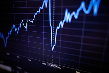 Shallow depth of field (selective focus) with details of a chart showing the stock market crash from March 2020 due to the Covid-19 pandemic on a computer screen (S&P500 index)