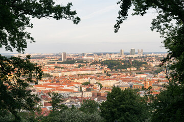 Red roofs of the city of Prague from a high point, Czech Republic