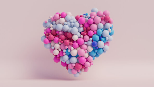 Multicolored Balloon Love Heart. Pink, White and Blue Balloons arranged in a heart shape. 3D Render 
