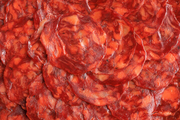 Close-up of sliced 100% acorn-fed Iberian chorizo from Extremadura