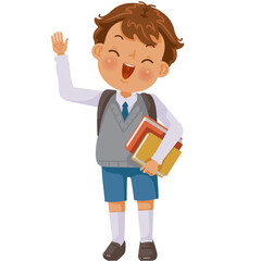 Boy in uniform. Kids with books.  Children with a smile carrying books with backpacks. Back to school