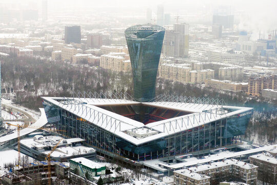 Moscow, Russia - January, 2021: PFC CSKA Moscow stadium, Moscow. VEB Arena stadium in winter. Buildings and park around the stadium
