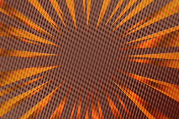 Pop art colorful comics book magazine cover. Striped brown, golden background. Cartoon funny retro pattern strip mock up. Vector halftone illustration. Sunburst, starburst shape. Digital background.