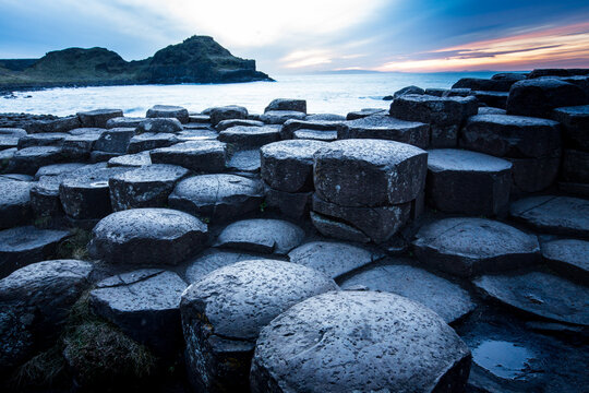 The Basalt Columns At The Giants Causeway At Sunset