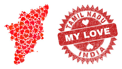 Fototapeta premium Vector collage Tamil Nadu State map of valentine heart items and grunge My Love badge. Mosaic geographic Tamil Nadu State map designed using valentine hearts.