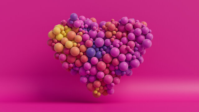 Multicolored Balloon Love Heart. Purple, Pink and Orange Balloons arranged in a heart shape. 3D Render 