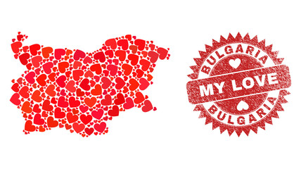 Vector collage Bulgaria map of love heart items and grunge My Love badge. Mosaic geographic Bulgaria map designed with love hearts. Red rosette seal with grunge rubber texture and my love text.