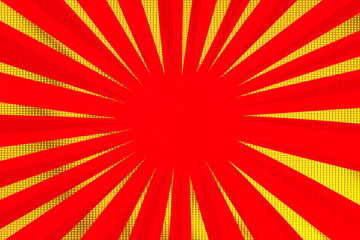 Pop art colorful comics book magazine cover. Striped red, golden background. Cartoon funny retro pattern strip mock up. Vector halftone illustration. Sunburst, starburst shape. Digital background.