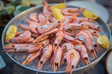 shrimp in ice with lemon on a table in a restaurant