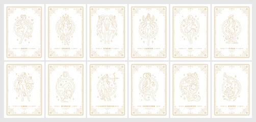 Zodiac womans horoscope signs linear silhouettes design vector illustrations set