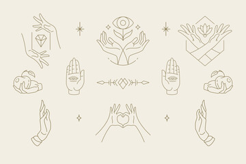 Female hands gestures collection of line art hand drawn style vector illustrations.