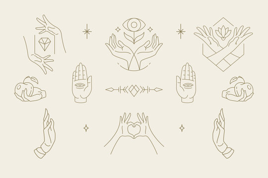 Female hands gestures collection of line art hand drawn style vector illustrations.