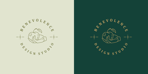 Human hand with apple silhouette linear vector illustration