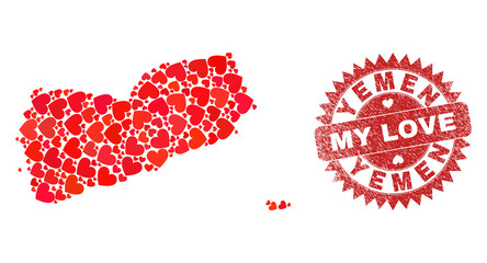 Vector collage Yemen map of valentine heart items and grunge My Love stamp. Collage geographic Yemen map constructed using love hearts. Red rosette seal with grunge rubber texture and my love text.