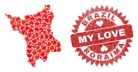 Vector mosaic Roraima State map of valentine heart items and grunge My Love seal. Mosaic geographic Roraima State map constructed with love hearts.