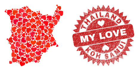 Vector collage Koh Samui map of lovely heart elements and grunge My Love seal. Collage geographic Koh Samui map constructed with lovely hearts.
