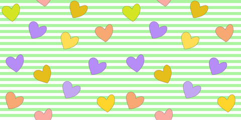 seamless pattern with colorful hearts on a striped background