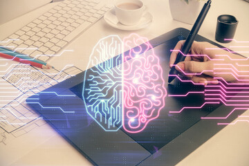 Double exposure of brain sketch hologram and woman holding and using a mobile device.
