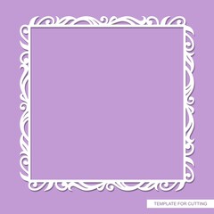 Square frame for photo, painting, text. Elegant floral ornament of leaves and curls. Template for laser plotter cutting of paper, cardboard, wood carving, metal engraving, cnc. Vector illustration.